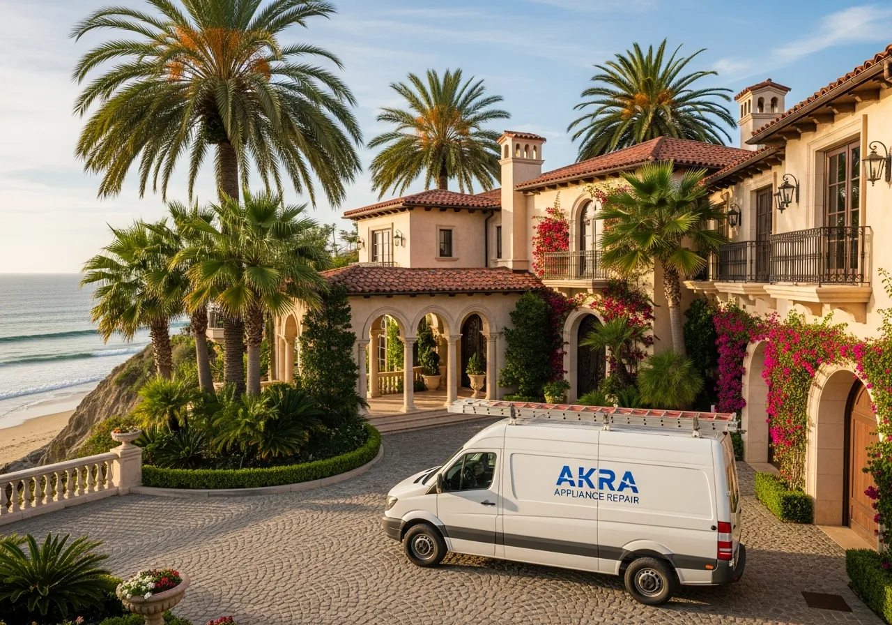 A white Akra Appliance Repair service van parked on the cobblestone driveway of an oceanfront Newport Coast Mediterranean estate