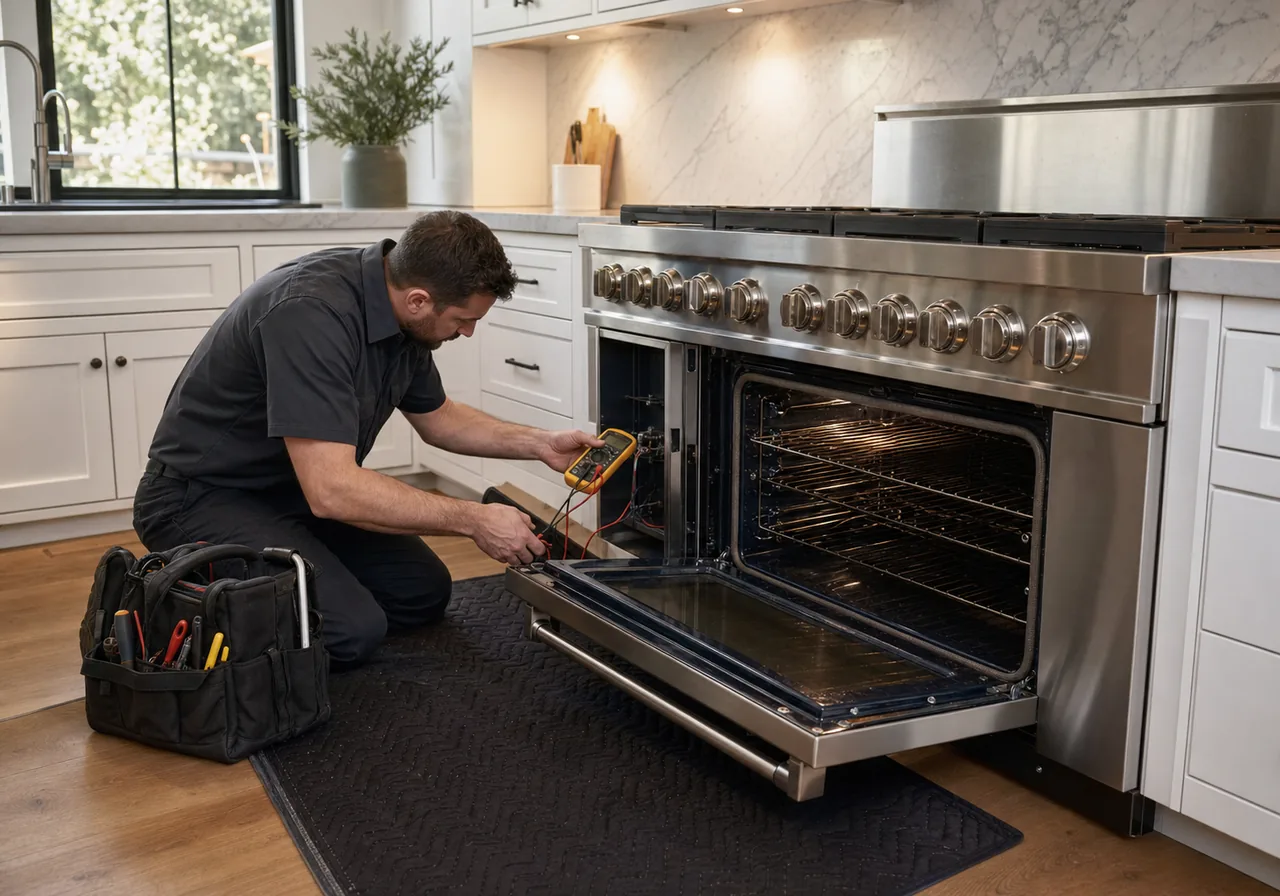 Appliance technician using a multimeter to diagnose a professional stainless range with its oven door open