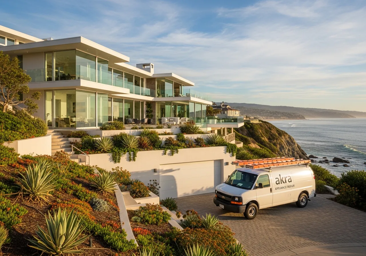 A white Akra Appliance Repair service van parked on the driveway of a coastal contemporary cliffside home above Laguna Beach
