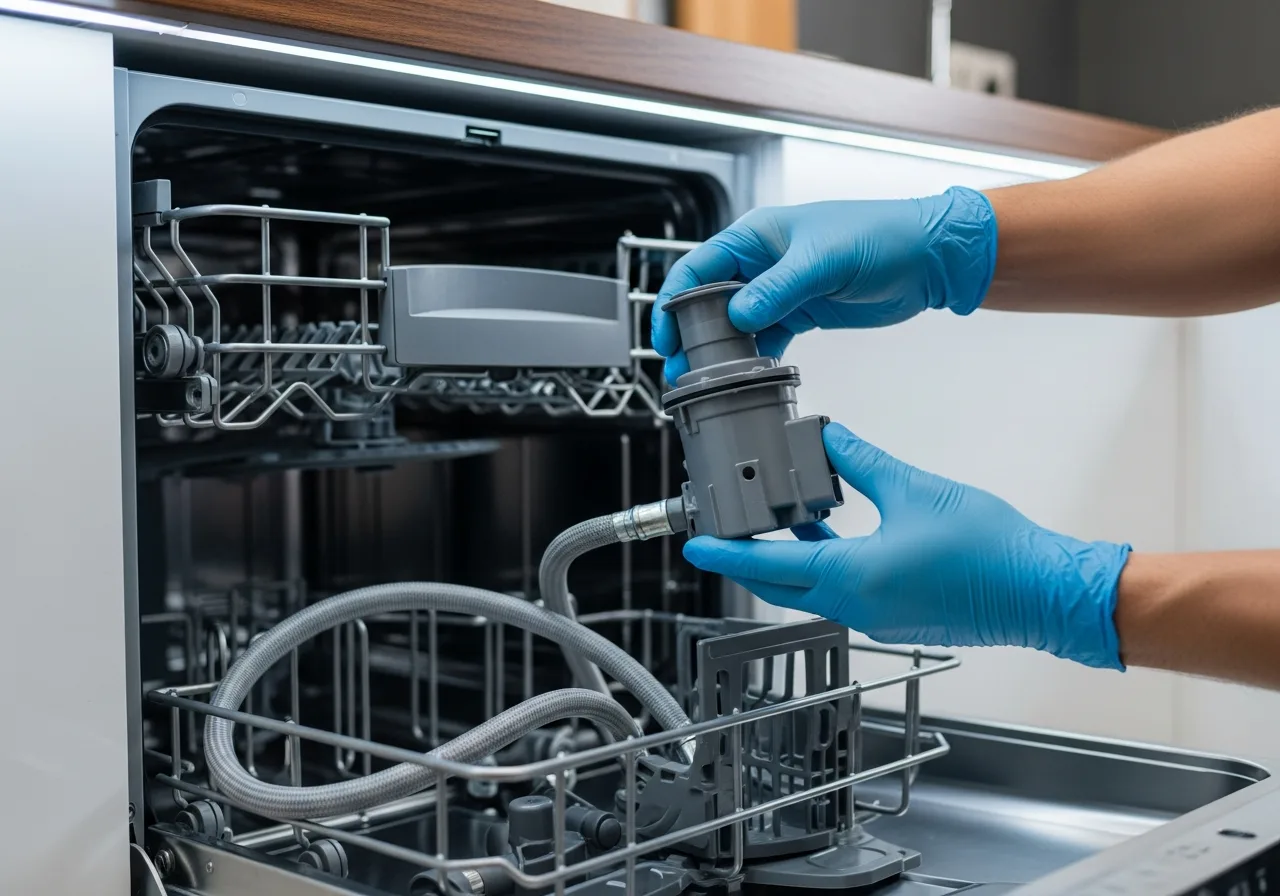 Appliance technician installing a new drain pump into the base of an integrated paneled dishwasher during a Bosch service call