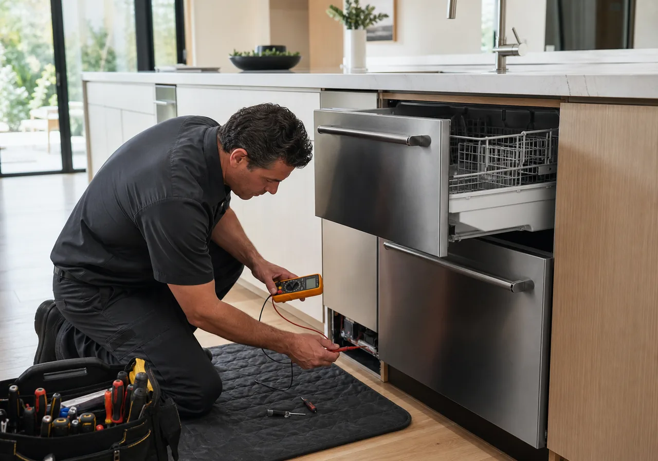 Appliance technician testing the lower service connection of a stainless double-drawer dishwasher in a modern residential kitchen