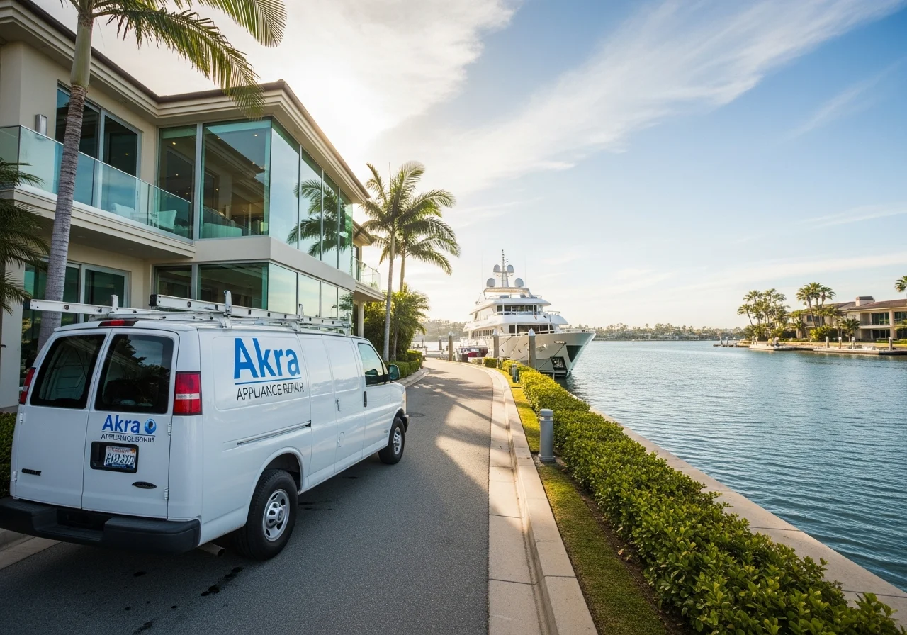 A white Akra Appliance Repair service van parked on the narrow private lane of Linda Isle in Newport Beach beside a waterfront mansion with a yacht at the private dock