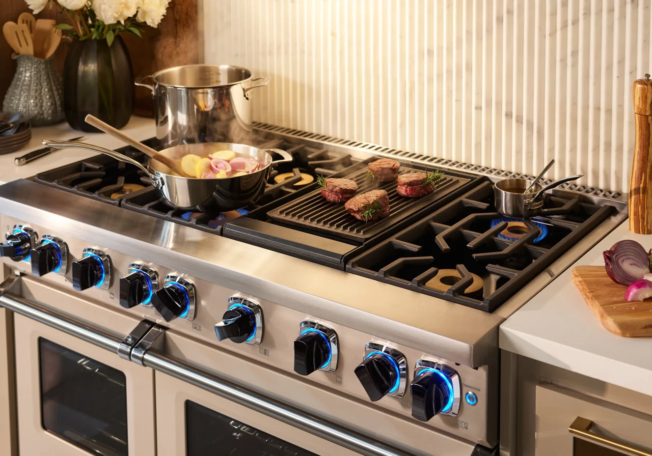 Viking 7 Series range with cookware in a professional kitchen setting