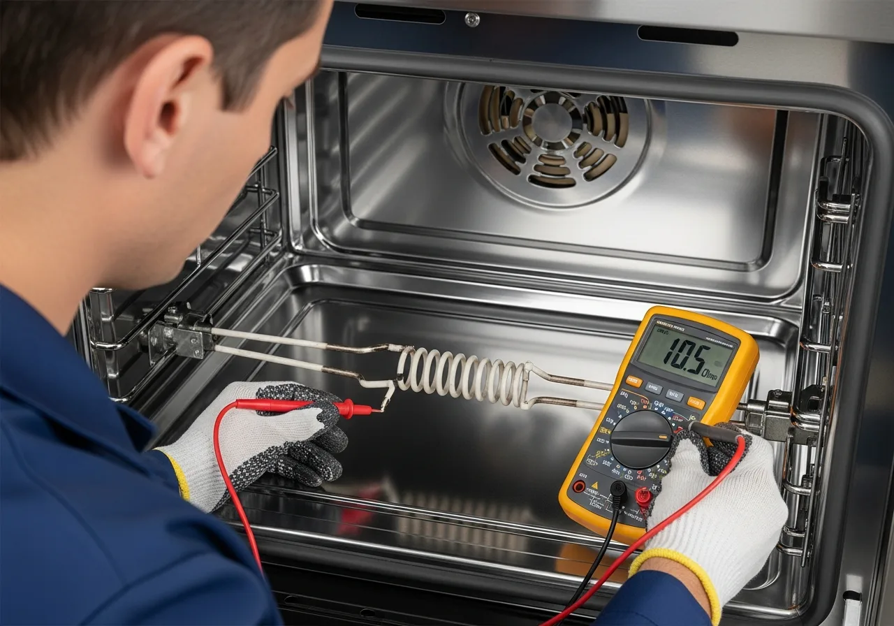 Appliance technician using a digital multimeter to test a glow-bar oven igniter inside a professional gas range during a Viking service call