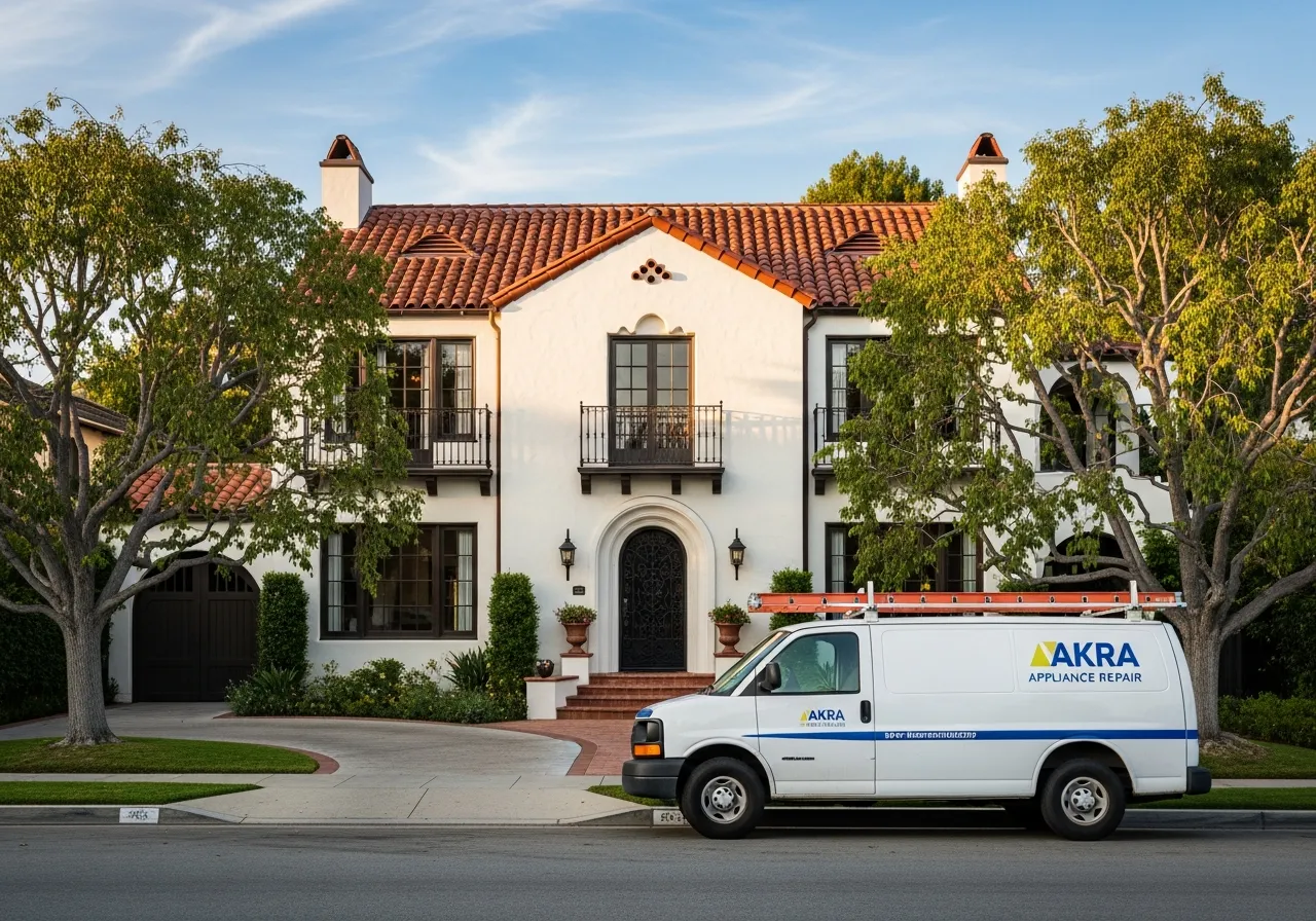 A white Akra Appliance Repair service van parked at the curb of a Spanish-revival home in the historic Raymond Hills neighborhood of Fullerton