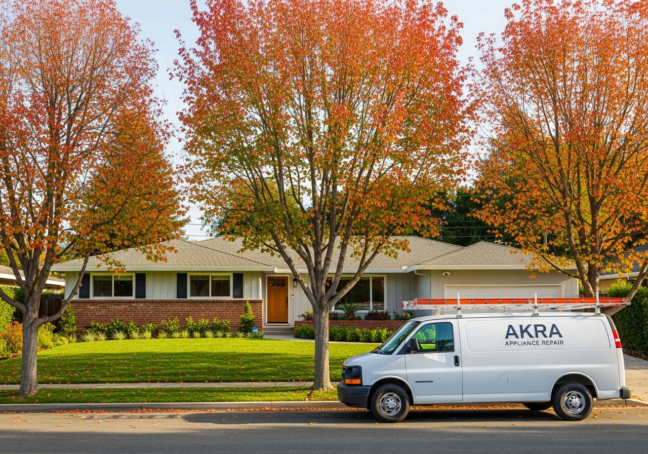 A white Akra Appliance Repair service van parked at the curb of a beautifully renovated mid-century ranch home in Rossmoor with mature liquidambar trees