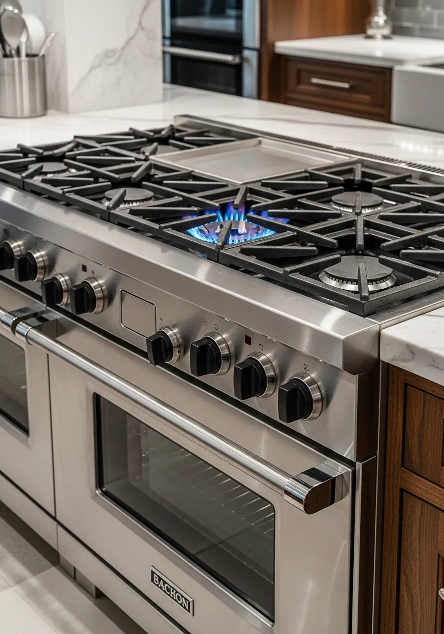 Wolf gas range with red control knobs in a high-end kitchen